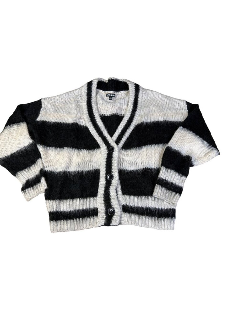 Steve Madden Black & White Striped Knit Cardigan Sweater L